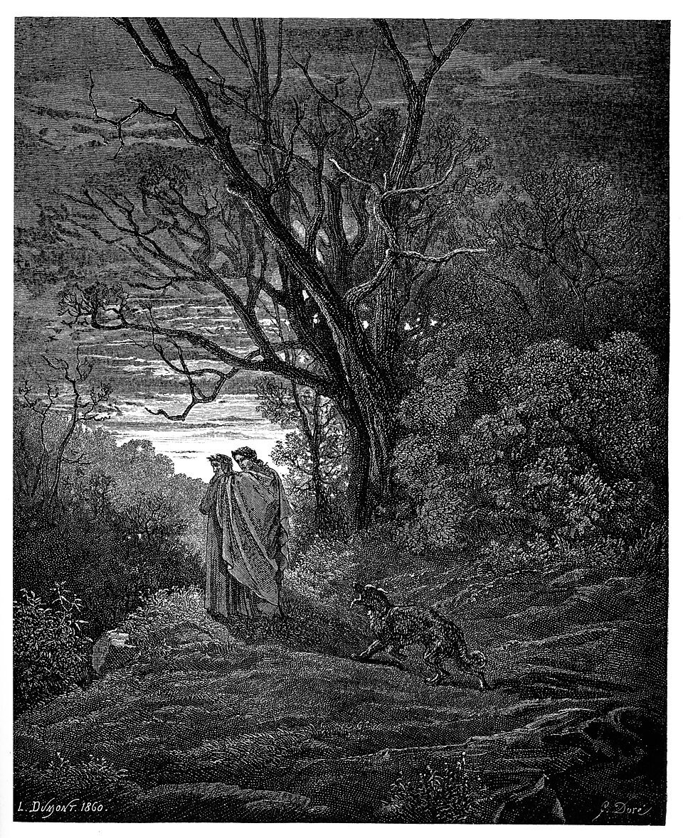   Dante meeting Virgil. Wood engraving by Gustave Doré  