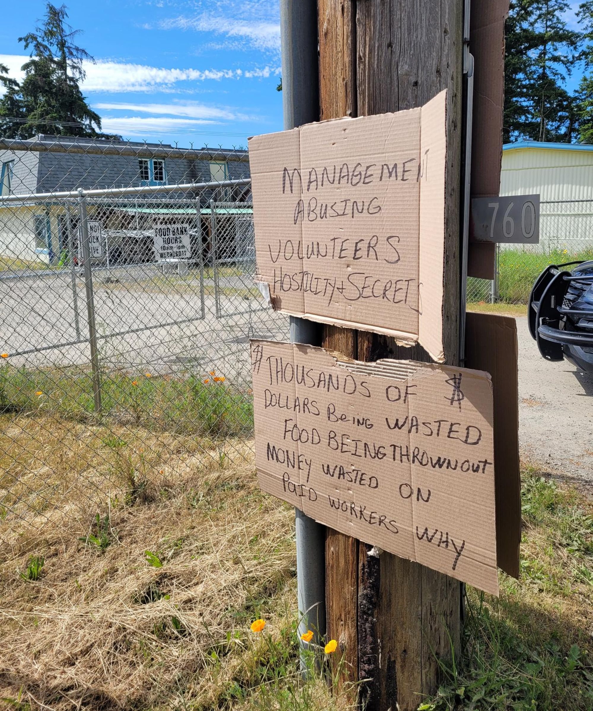 The Jefferson County Sheriff’s Department contacted the food bank association on Thursday, June 13 about malicious signs posted outside the Tri-Area Food Bank where the executive director Patricia Hennessy has an office. Photo courtesy of the Jefferson County Food Bank Association