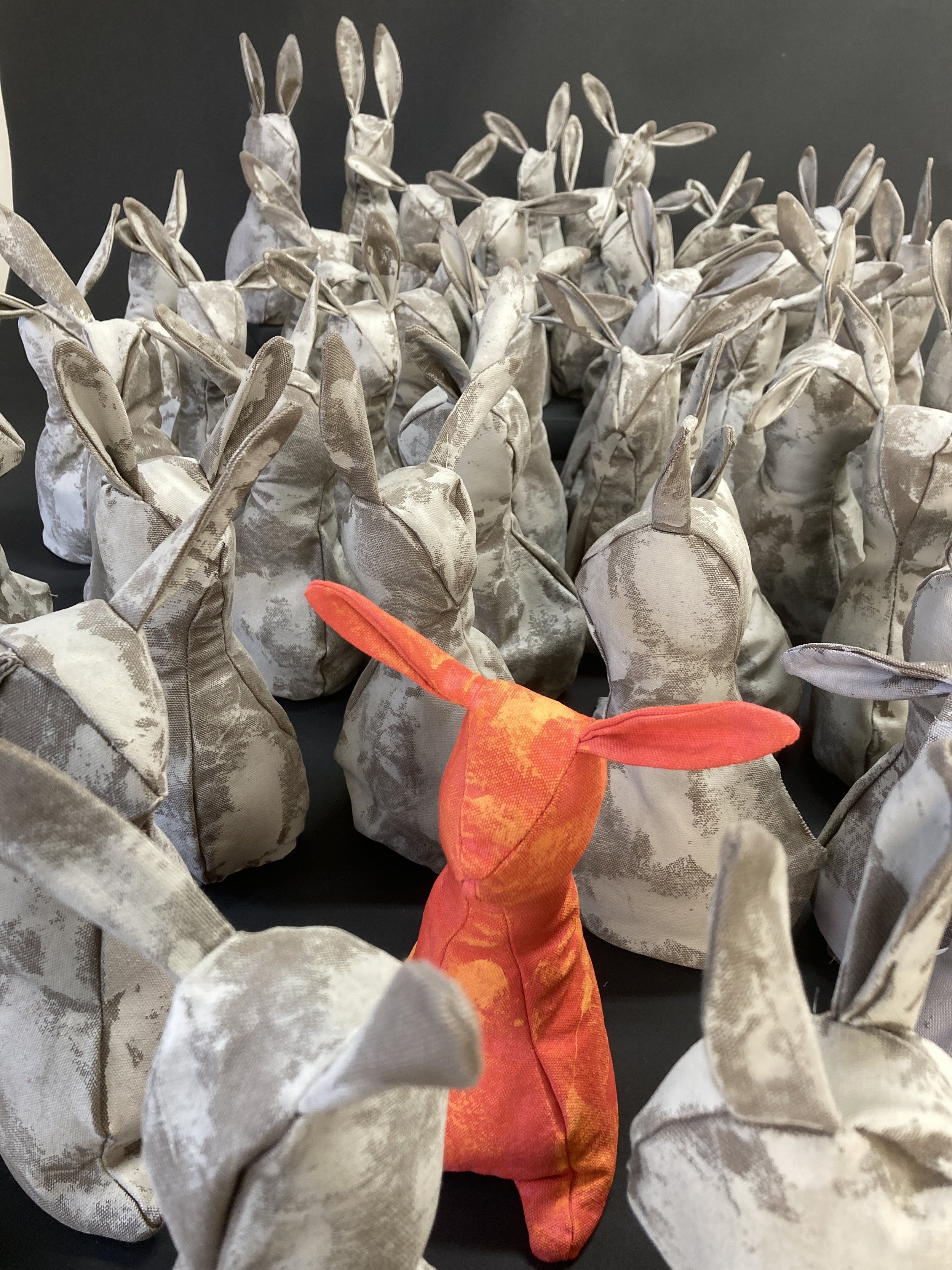   Canvas rabbits for Karen Lené Rudd’s March installation, “Ever After”. Photo by Karen Lené Rudd.  