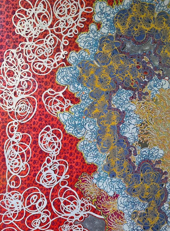   Weathersby’s work is characterized by patterns, paper, and swoopy markmaking. Photo by Carolyn Lewis  