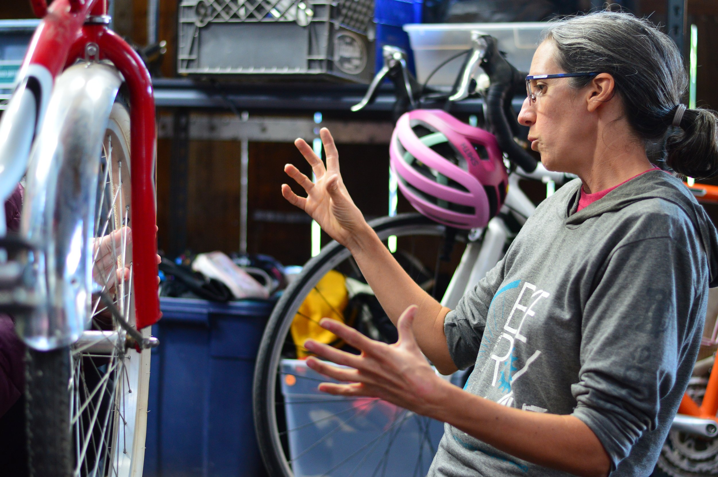 Rach Stevenson is among the mechanics who work at the ReCyclery's WTF access nights. photo by Diane Urbani de la Paz