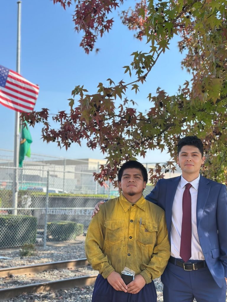 Rigoberto Hernandez Hernandez stands with an attorney outside of the ICE detention center where he was held for nearly four weeks. Hernandez, a firefighter who was detained while battling a wildfire in Washington state, was released Tuesday, his attorneys said. (Courtesy photo/Innovation Law Lab)