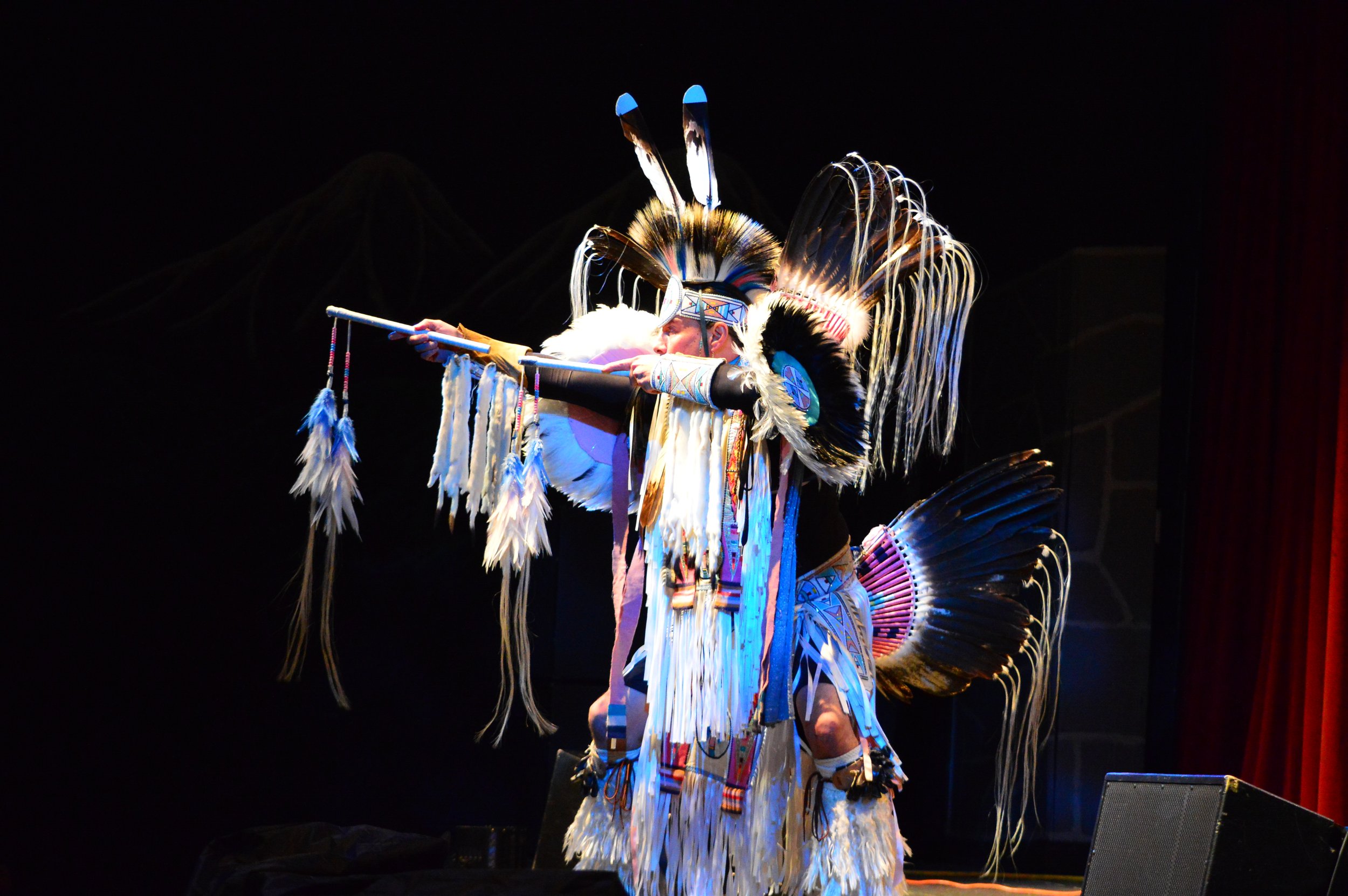   Supaman dances for the crowd at Port Townsend High School on Thursday evening. photo by Diane Urbani de la Paz   
