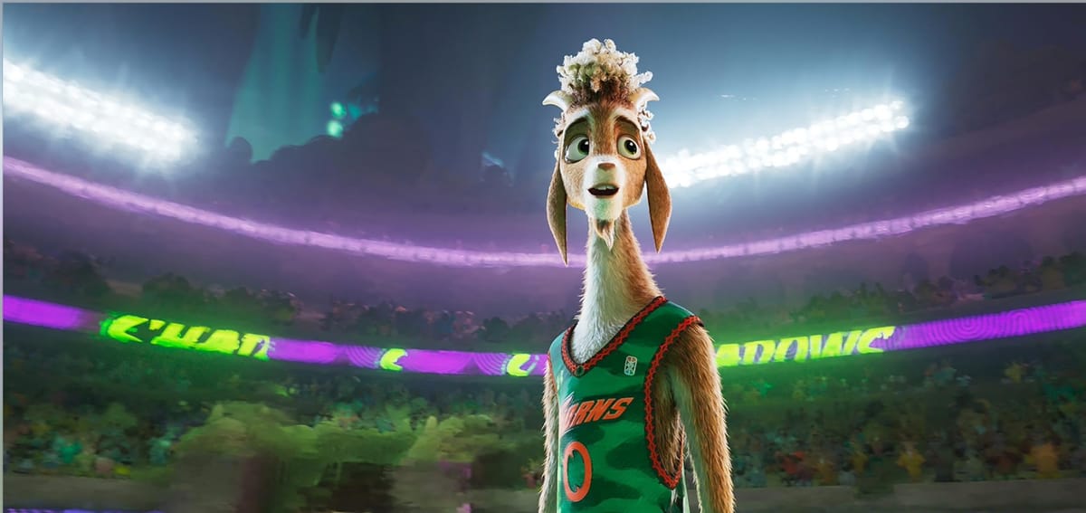 Screenshot of GOAT by Sony Pictures. A picture of a cartoon goat in a basketball jersey in a stadium full of people 