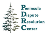 Peninsula Dispute Resolution Center logo. Text on the right and an evergreen tree on the left